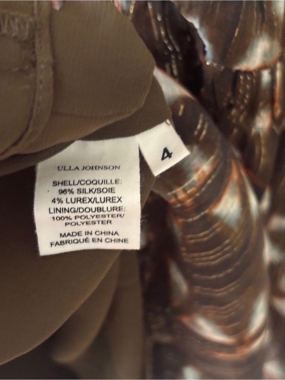 Ulla Johnson Tunis Midi Dress 100% Silk Olive Prism Metallic Puff Sleeve Size 4 - Picture 12 of 16
